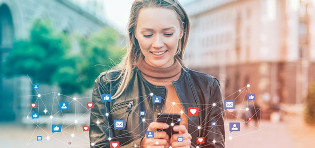 A girl connecting through all apps while traveling with an eSIM card